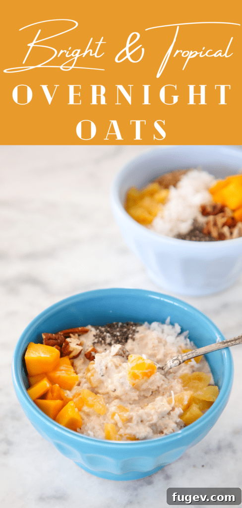 Island Oasis Overnight Oats 4 A bowl of tropical overnight oats garnished with a variety of colorful fresh fruits.