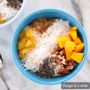 Tropical Overnight Oats in blue bowl.