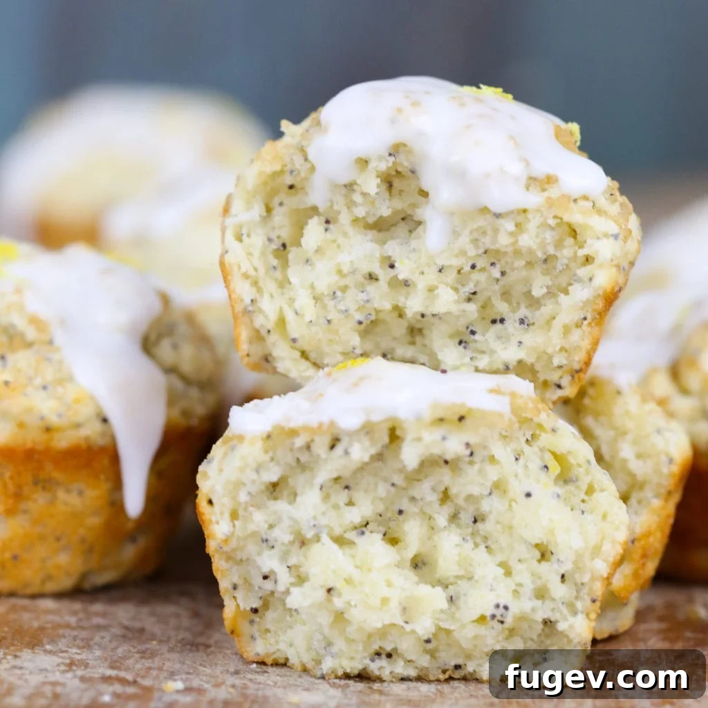 Zesty Lemon Poppyseed Muffins 2 Perfectly baked Lemon Poppy Seed Muffins on a cooling rack, showcasing their golden tops and light glaze
