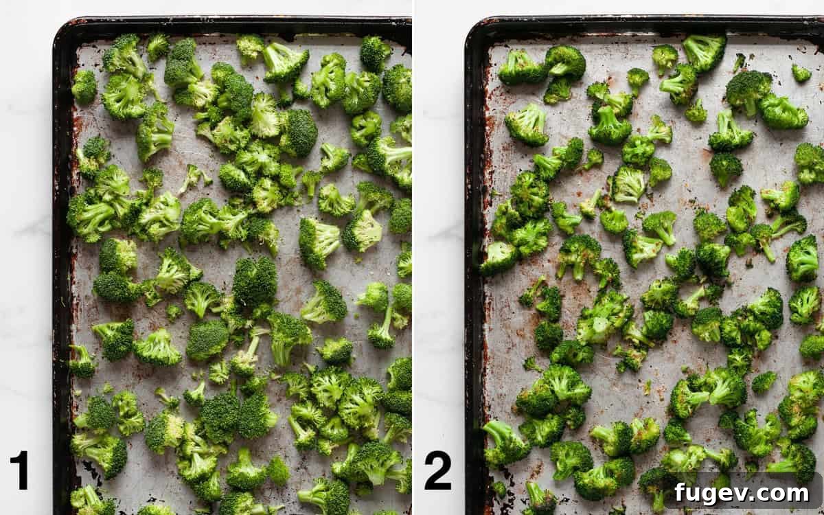 Vibrant Roasted Broccoli Quinoa Salad 4 Before and after images of broccoli florets on a baking sheet: raw, seasoned broccoli on one side, and perfectly roasted, slightly browned broccoli on the other.