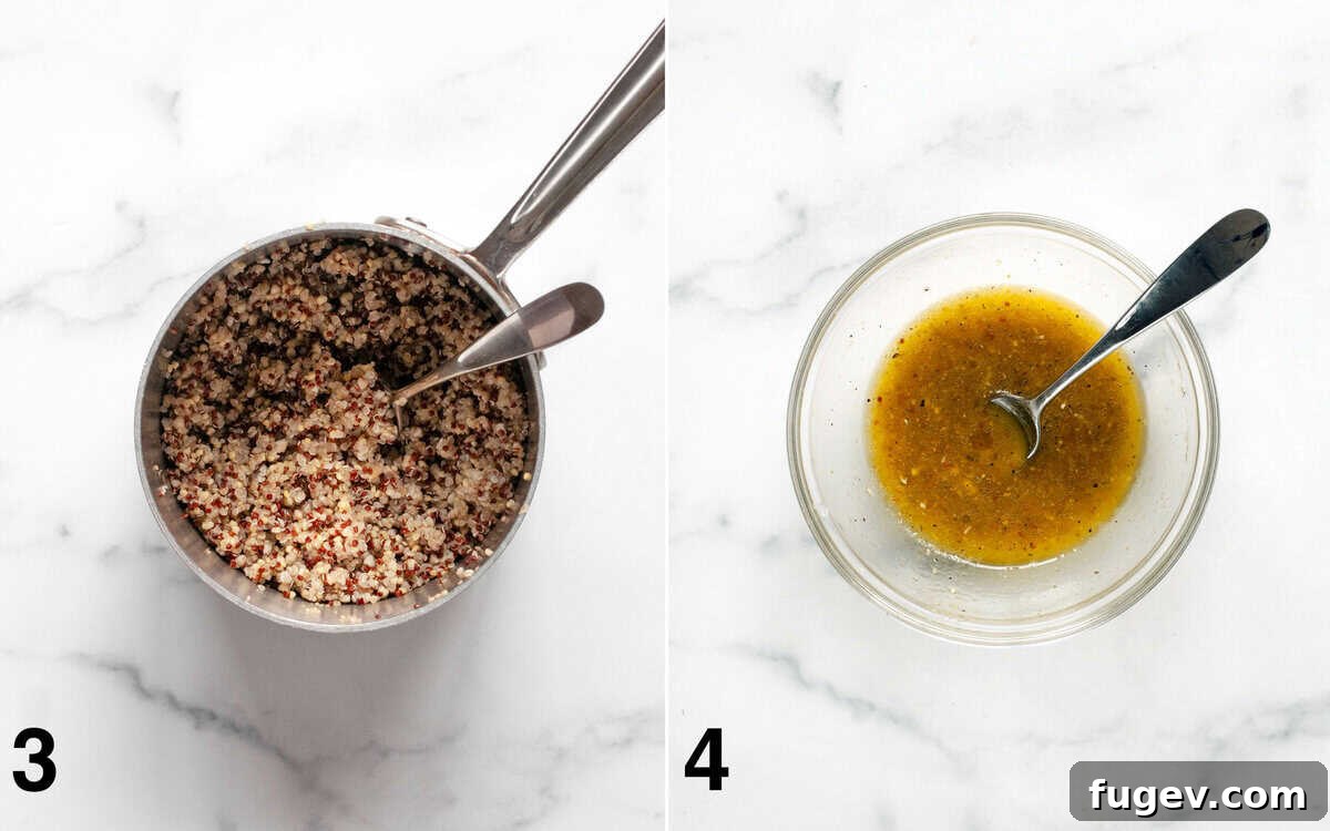 Vibrant Roasted Broccoli Quinoa Salad 5 Two images side-by-side: a small pot of fluffy cooked quinoa, and a small bowl of whisked lemon vinaigrette.