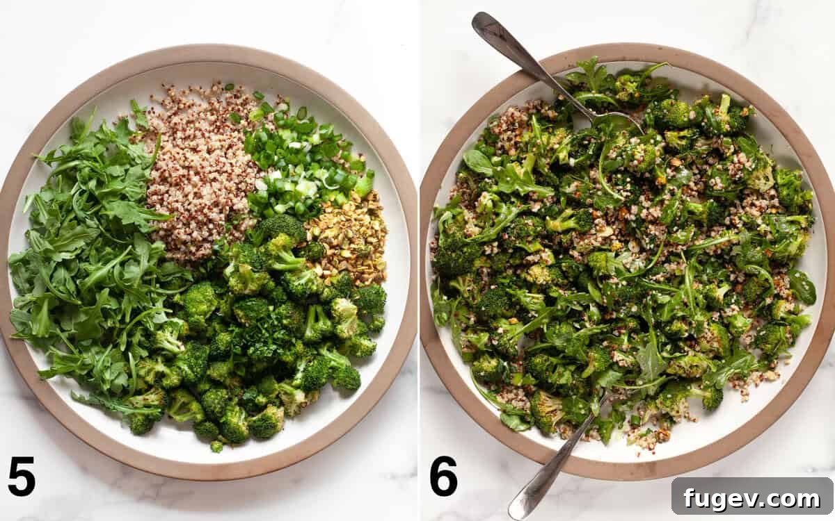 Vibrant Roasted Broccoli Quinoa Salad 6 Two images: one showing all salad ingredients assembled in a large bowl before dressing, and another showing the finished salad, beautifully tossed with vinaigrette.