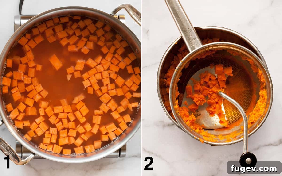 Nourishing Sweet Potato Mash 4 Two-part image showing cubed sweet potatoes simmering in a pot of water on the left, and cooked sweet potatoes being pureed through a food mill into a bowl on the right.