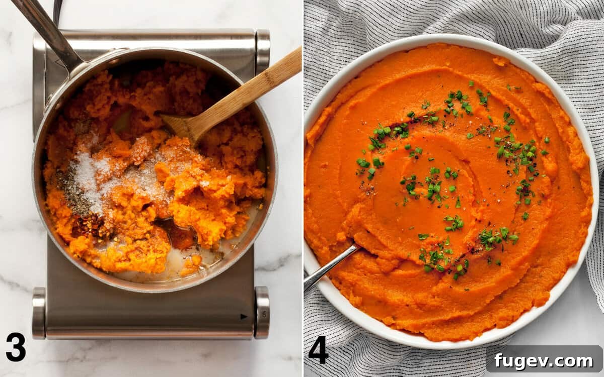 Nourishing Sweet Potato Mash 5 Two-part image showing milk, red pepper flakes, salt, and pepper being stirred into mashed sweet potatoes in a pot on the left, and a serving bowl of finished mashed potatoes topped with fresh herbs on the right.