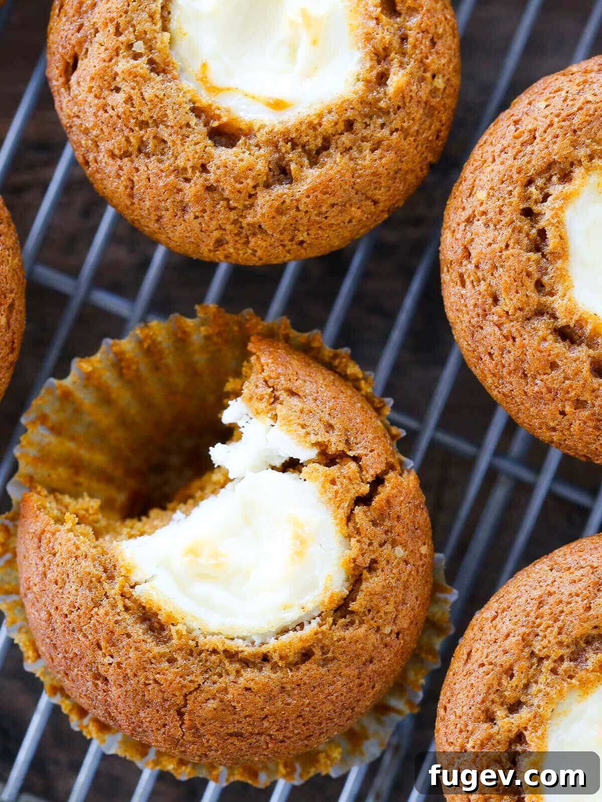 Swirled Pumpkin Cream Cheese Muffins 5 A delicious pumpkin muffin, unwrapped and bitten into, revealing its creamy center.