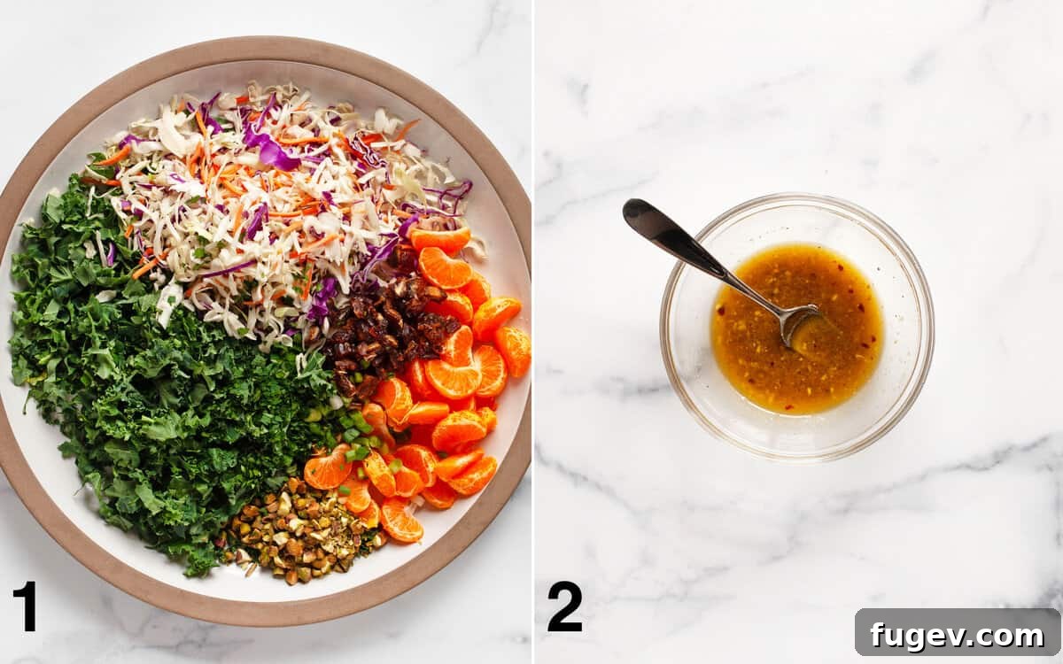Zesty Mandarin Salad 4 A two-part image showing salad ingredients assembled in a large bowl on the left and a small bowl with vinaigrette being whisked on the right.