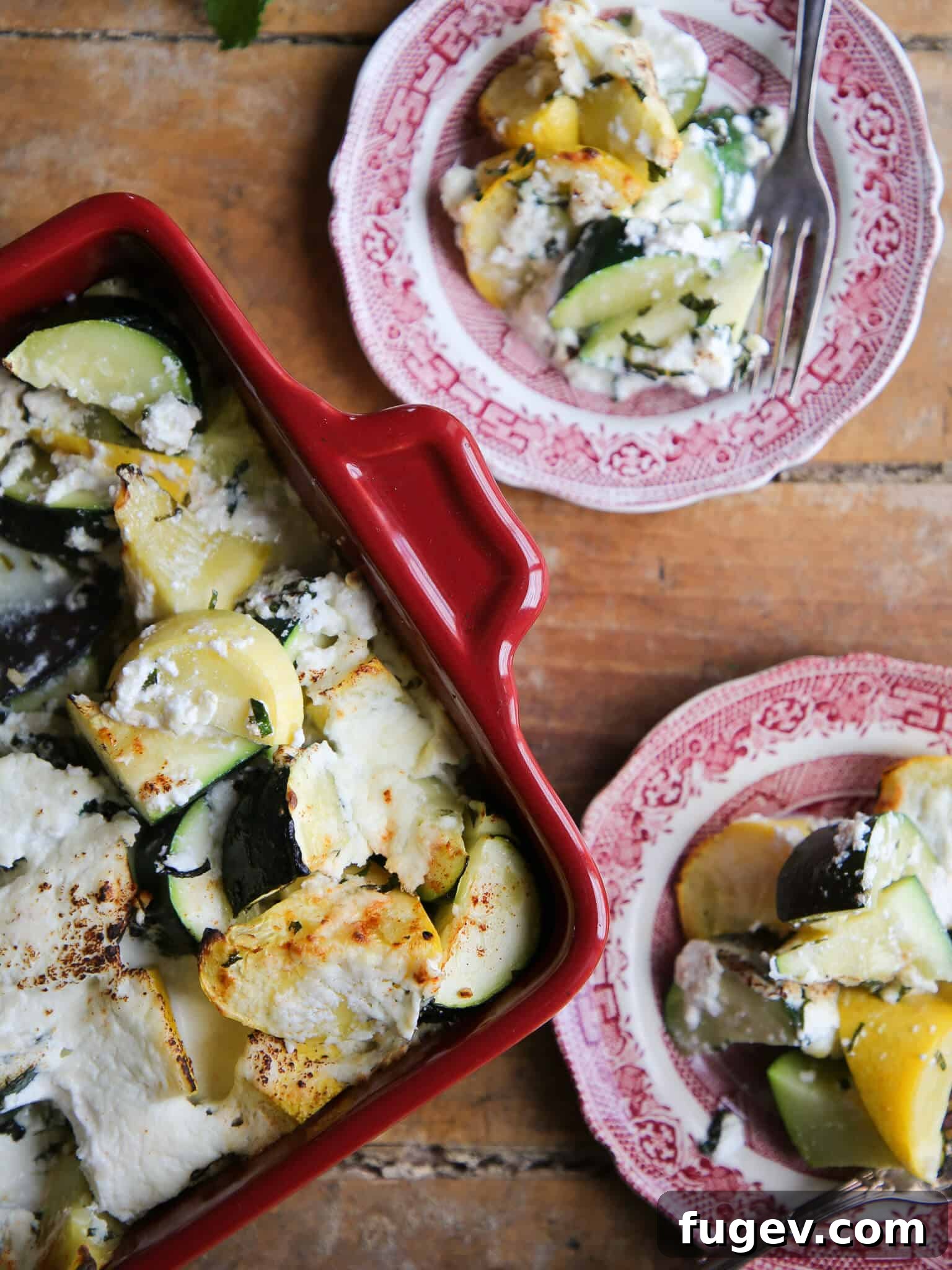 Creamy Zucchini Ricotta Gratin 4 Zucchini Ricotta Casserole tablescape red plates