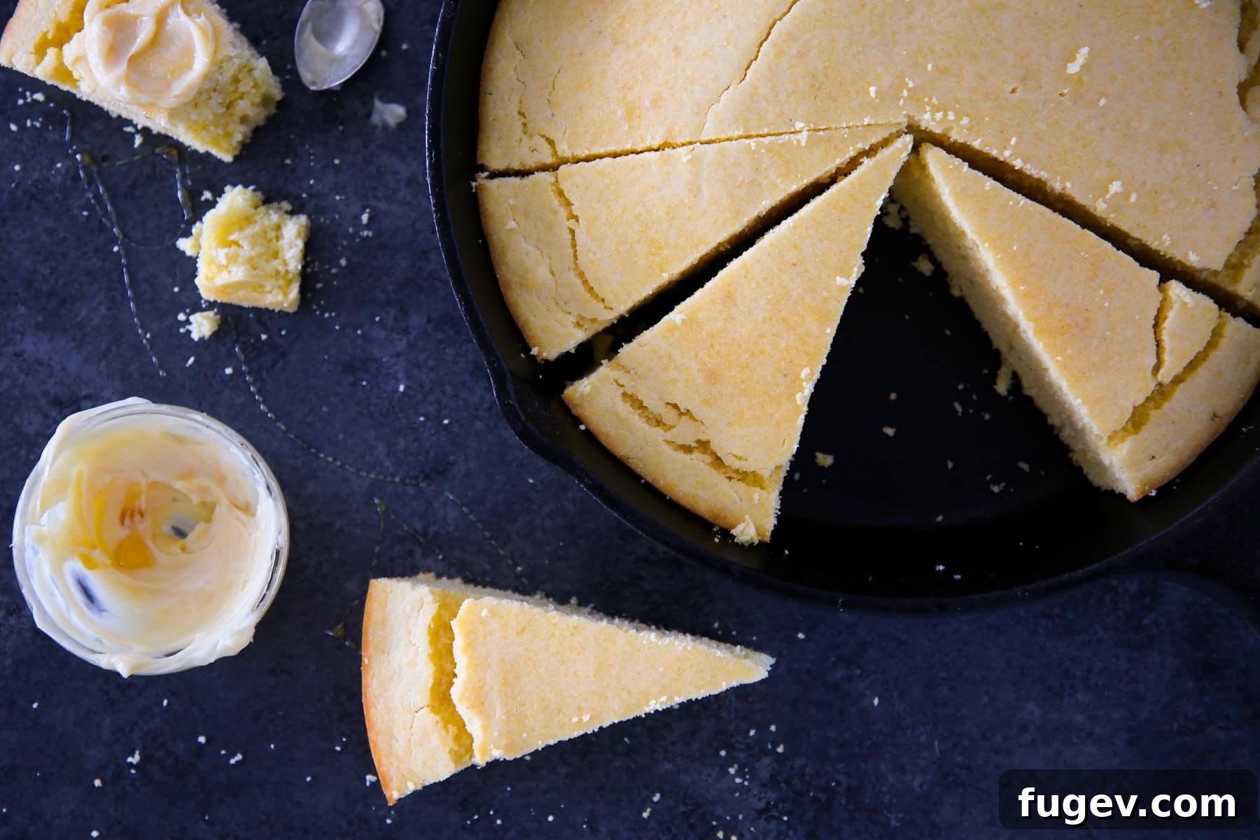 Southern Cornbread Perfection 5 Several slices of perfectly baked Southern cornbread arranged beautifully, both inside and around a black cast iron skillet.