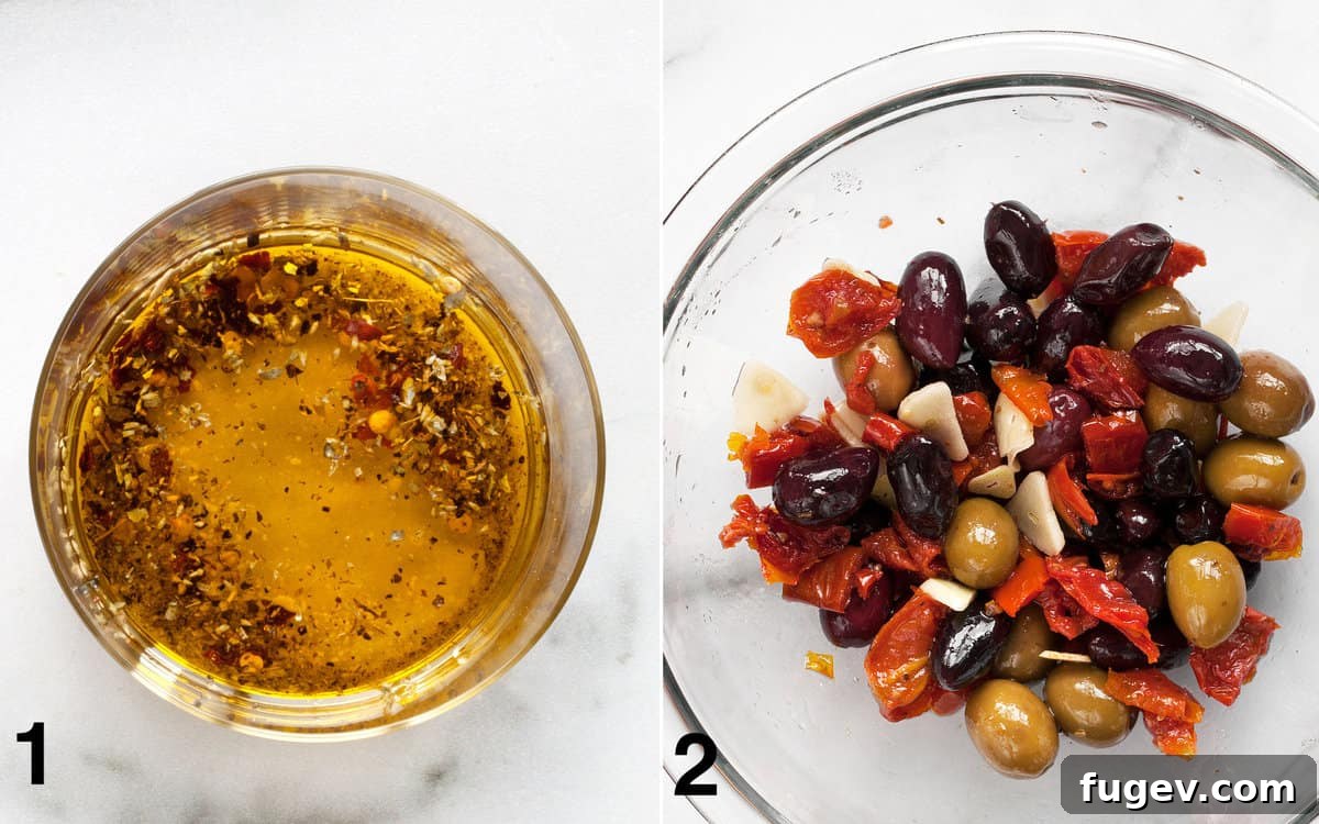 Roasted Feta with Burst Tomatoes and Olives 4 Stir the olive oil and spices in a small bowl. Then in a medium bowl combine the tomatoes, olives and garlic.