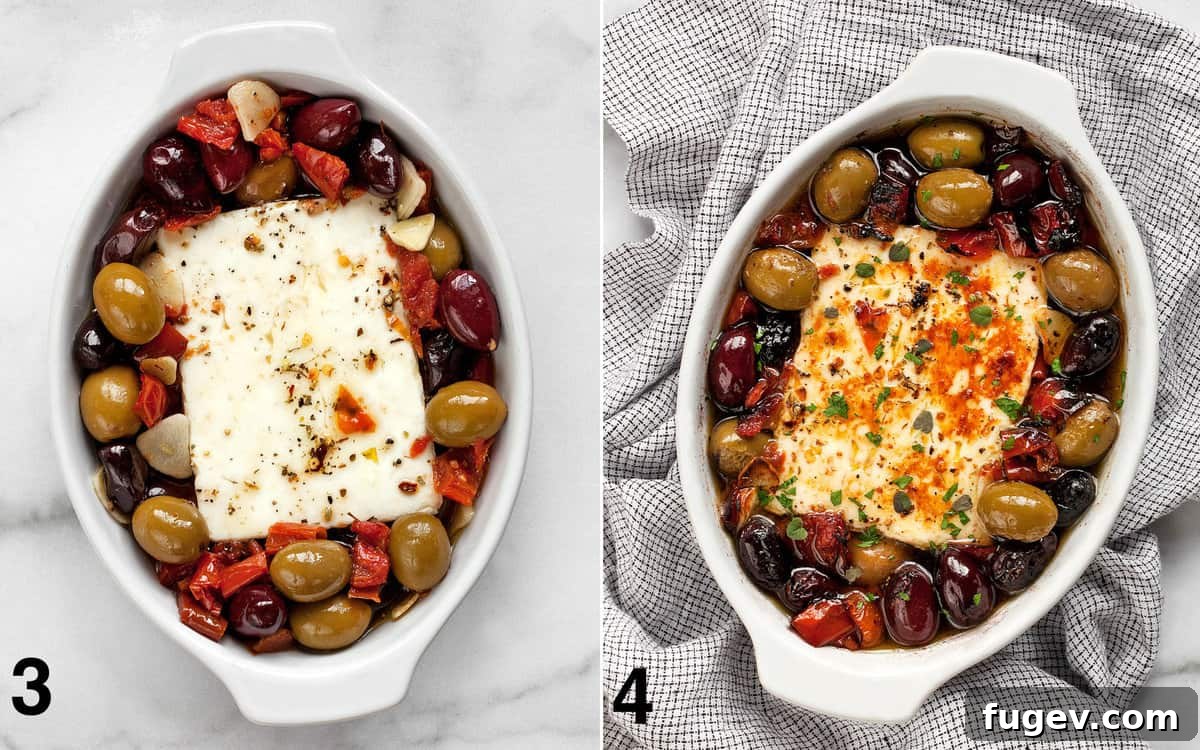 Roasted Feta with Burst Tomatoes and Olives 5 Arrange the feta, olives and tomatoes in a baking dish. Then bake it and broil l it to brown the cheese.