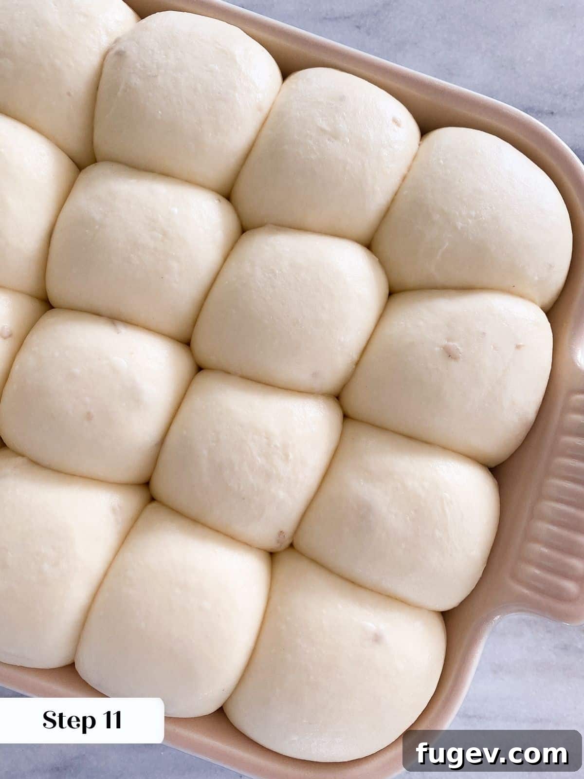 Pillowy Potato Rolls 5 Fully proofed potato rolls, significantly puffed up and nestled together, perfectly ready for baking in the oven.
