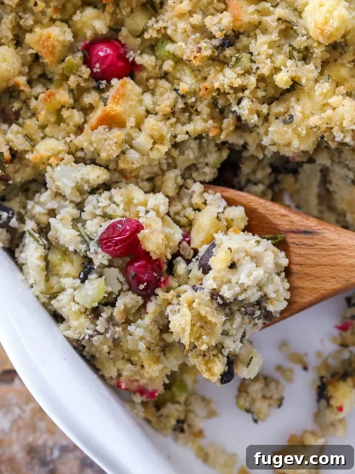 Hearty Homestyle Cornbread Stuffing 2 Best Thanksgiving Side, Mushroom Cornbread Stuffing in a baking dish