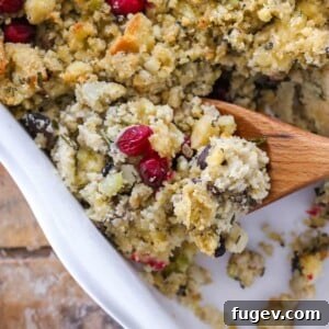 Mushroom Cornbread Stuffing in white baking dish