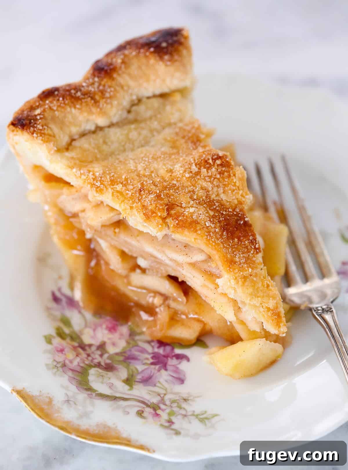 Classic Thanksgiving Dinner Recipes and Full Menu 20 A slice of classic apple pie on a decorative flowery plate, garnished with apple pie spice.