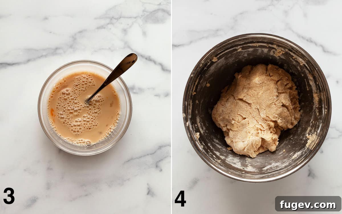 Cozy Cinnamon Scones 5 Wet ingredients mixed in a small bowl, and shaggy dough in a large bowl, ready for portioning.
