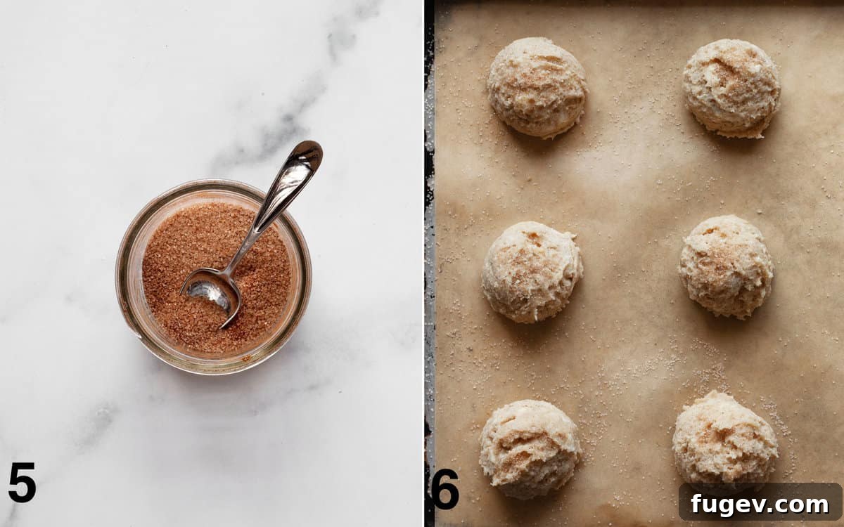 Cozy Cinnamon Scones 6 Cinnamon sugar in a small bowl, next to unbaked scones arranged on a parchment-lined baking sheet.