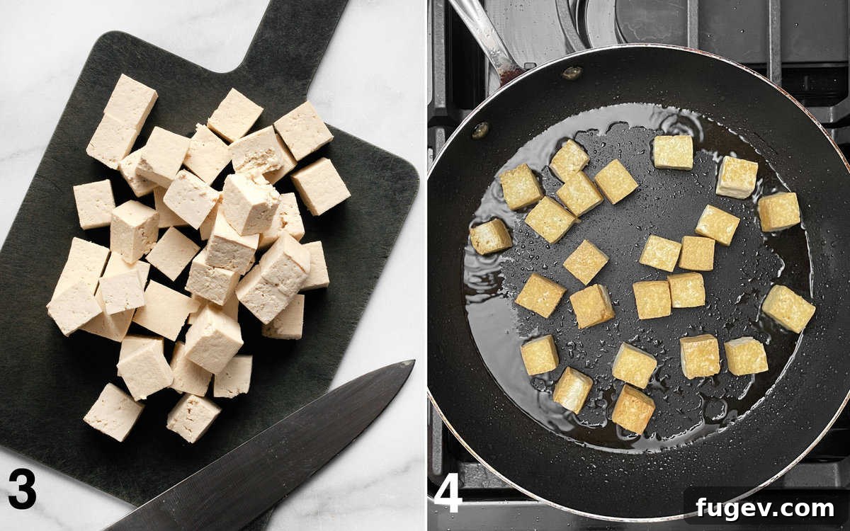 Creamy Peanut Tofu Veggie Stir-Fry 5 Cubed tofu on a cutting board and tofu sizzling and browning in a pan on the stovetop.
