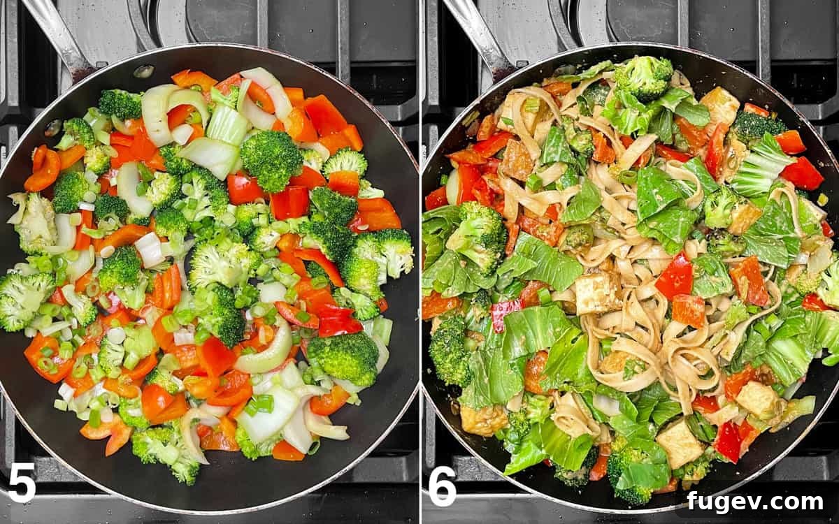 Creamy Peanut Tofu Veggie Stir-Fry 6 Vegetables stir-frying in a skillet, then combined with noodles, greens, and peanut sauce.