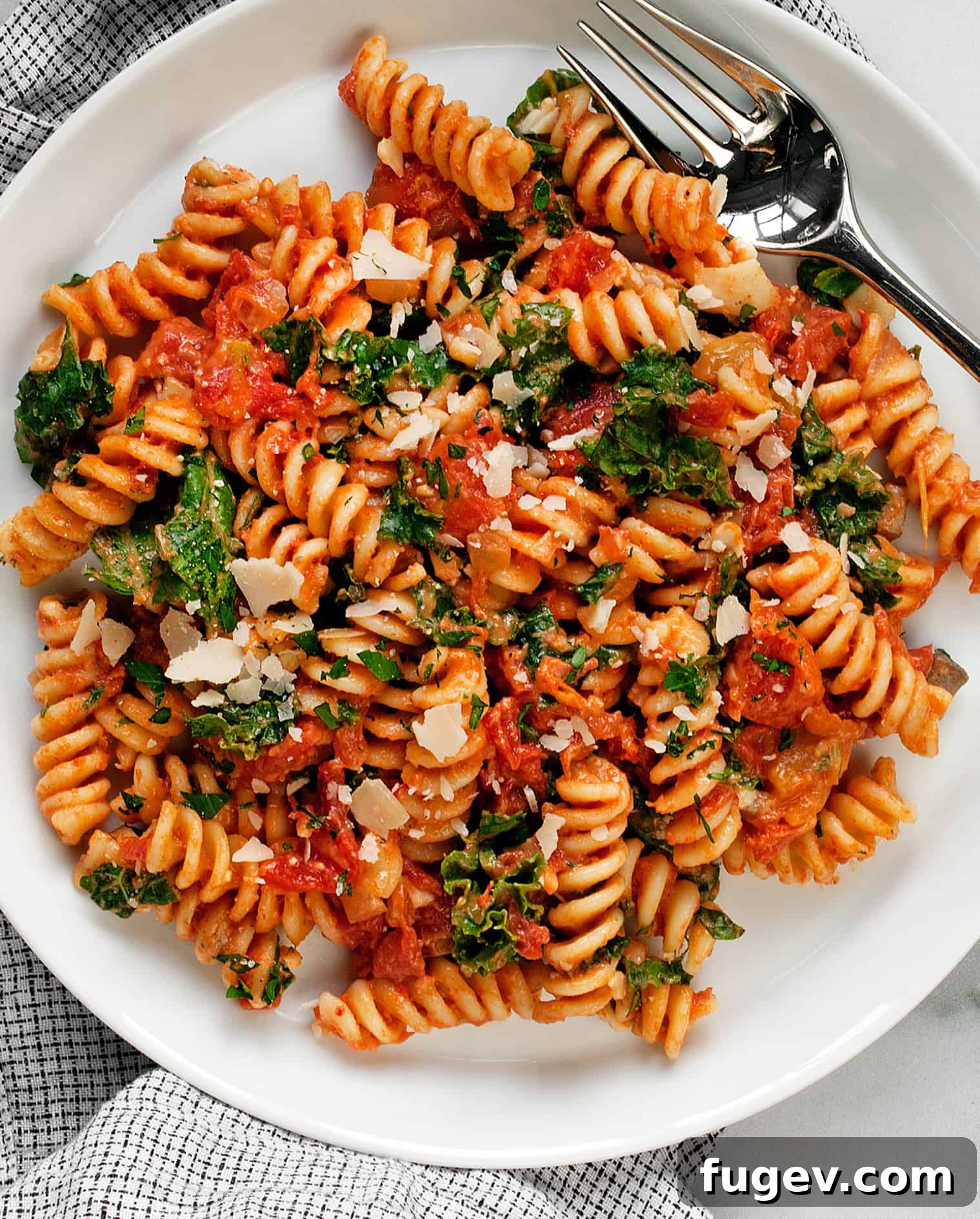 Velvety Mushroom and Tomato Pasta 5 Ingredients for creamy tomato mushroom pasta laid out on a counter