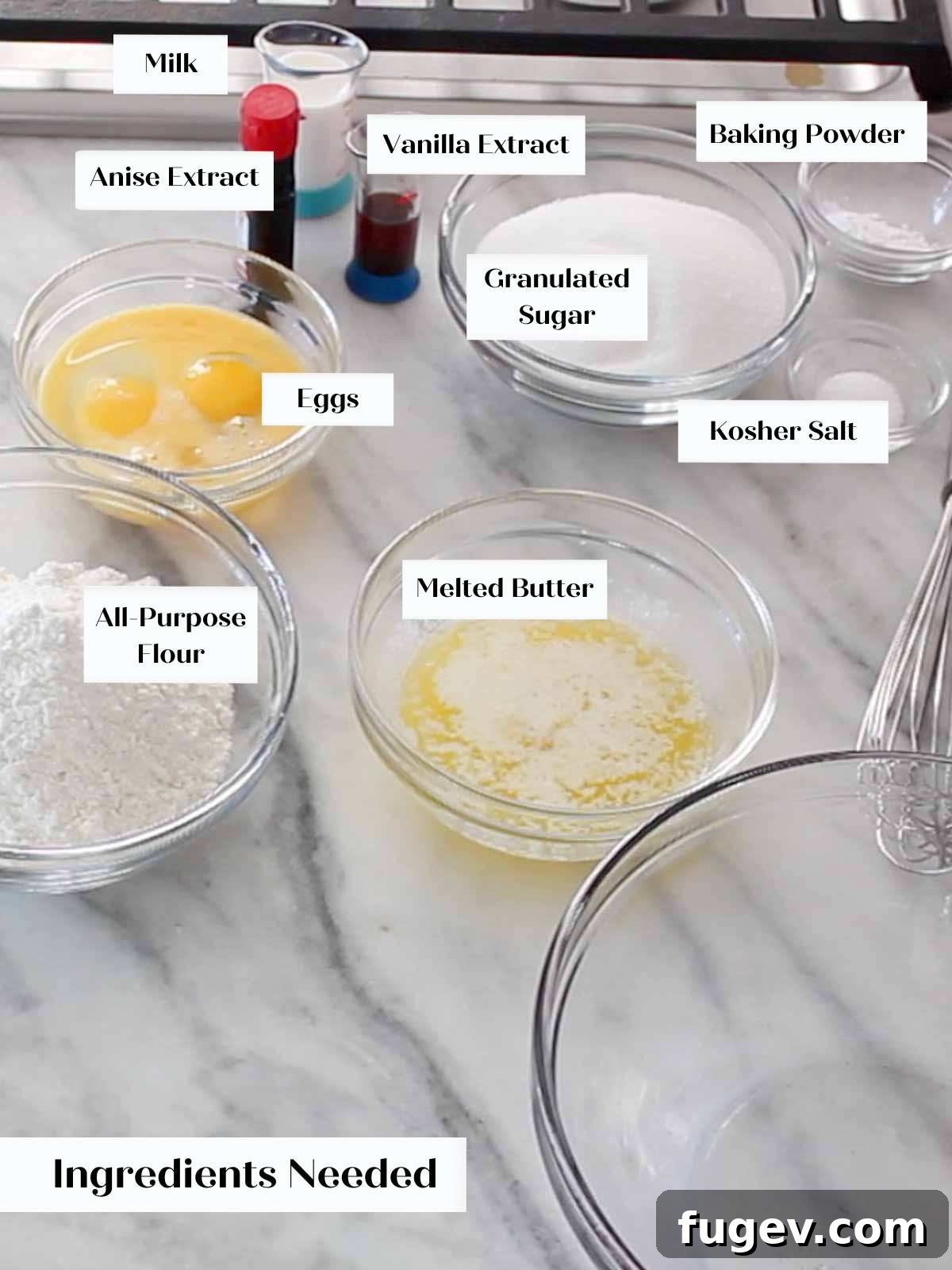 Sweet Italian Iron-Pressed Delights 3 Pizzelle cookie ingredients laid out on a marble surface, clearly labeled.