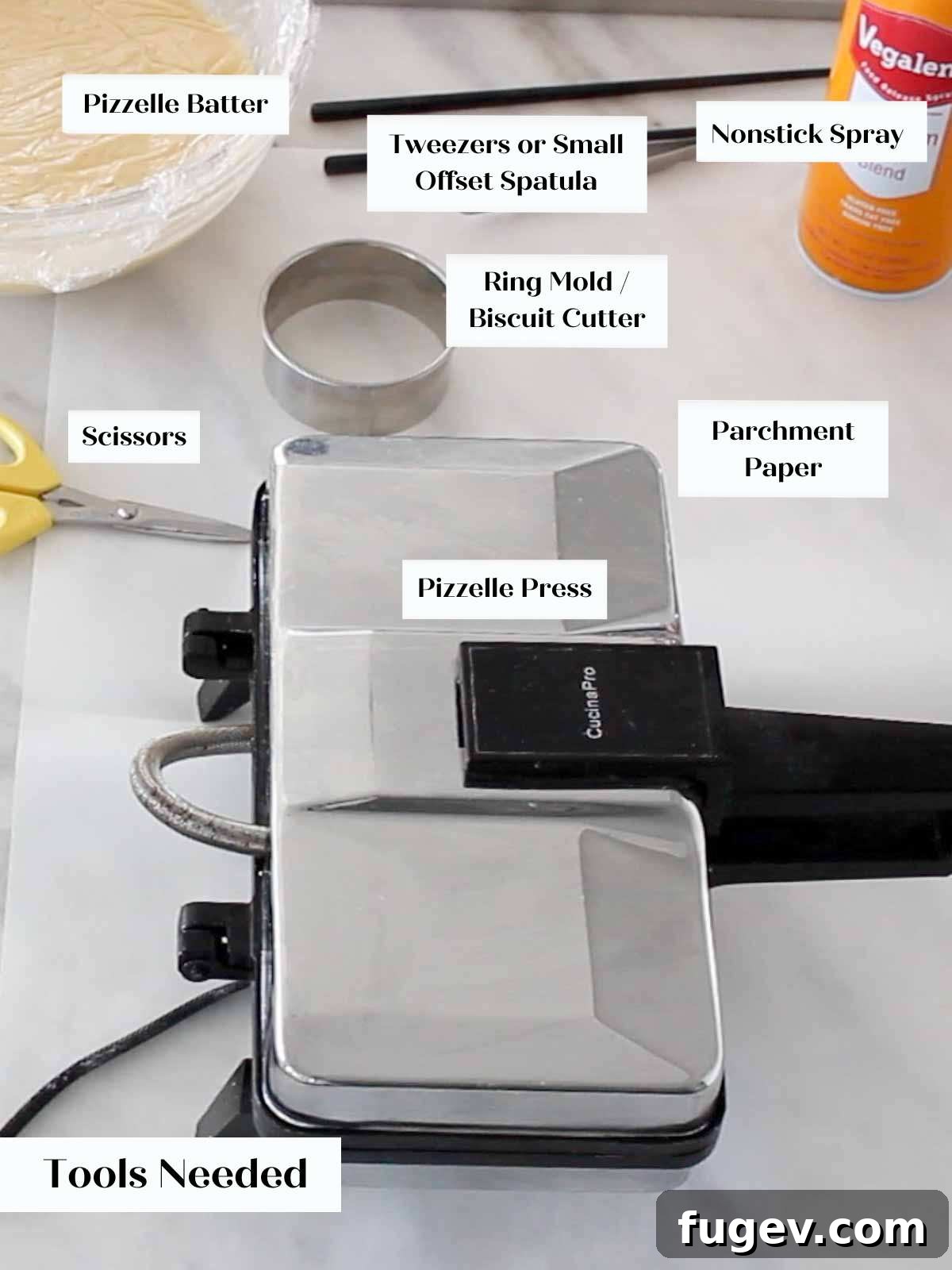 Sweet Italian Iron-Pressed Delights 4 Pizzelle equipment, including a pizzelle iron, on a marble surface.