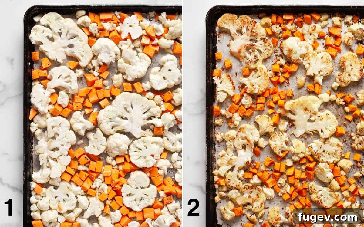 Roasted Sweet Potato & Cauliflower Salad 4 Sweet potatoes and cauliflower on a sheet pan before and after roasting, showing the golden-brown transformation.