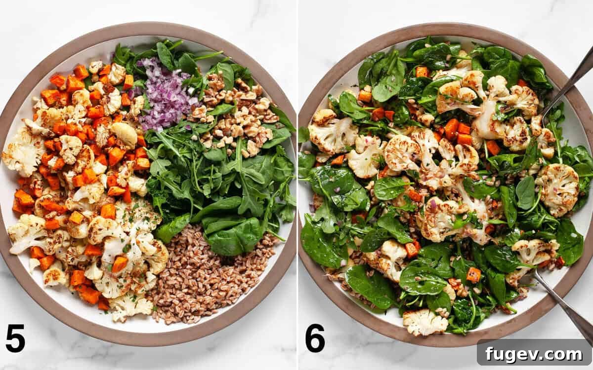 Roasted Sweet Potato & Cauliflower Salad 6 Salad ingredients in a large bowl before dressing, and the final tossed salad with vinaigrette.