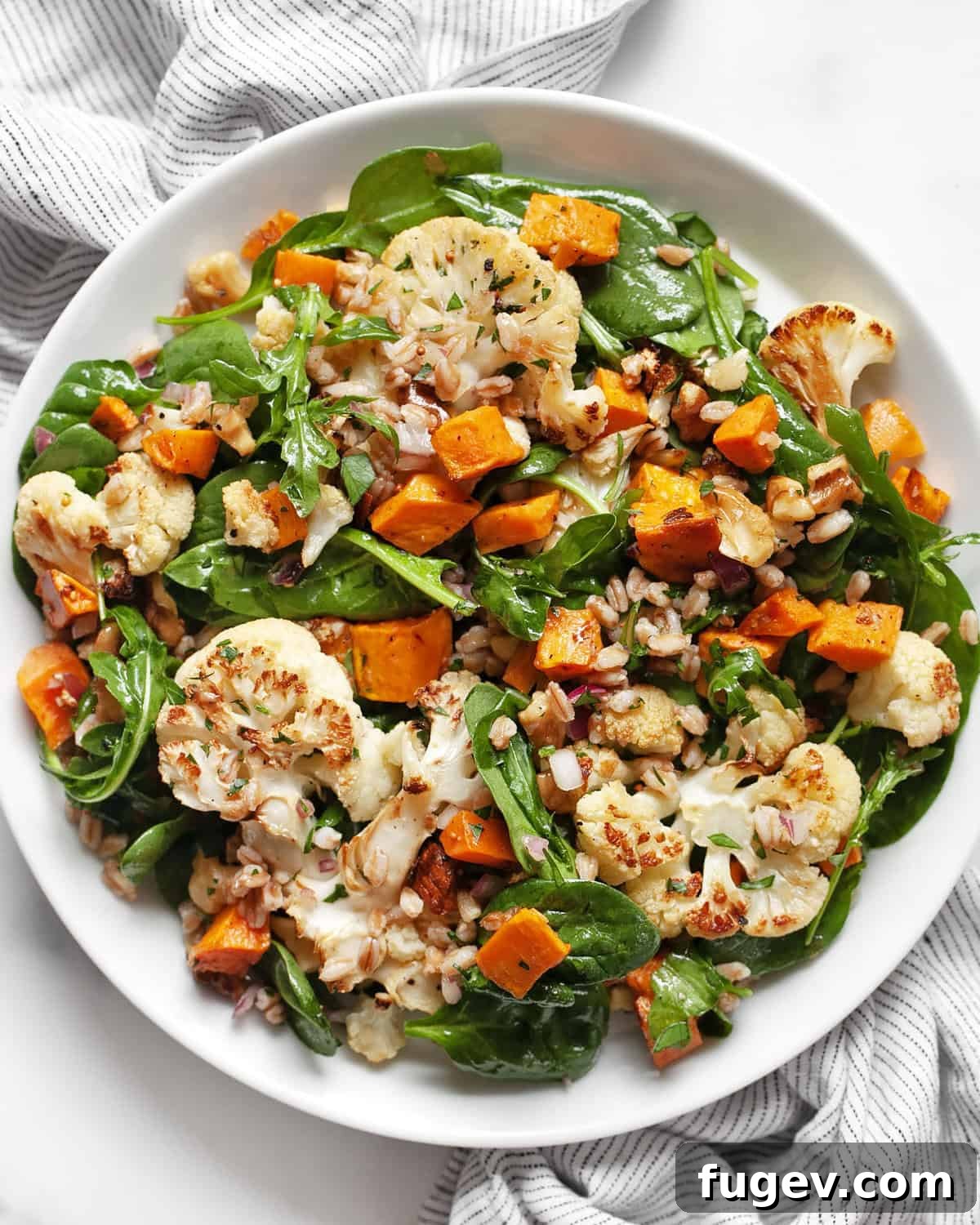Roasted Sweet Potato & Cauliflower Salad 7 Close-up of the roasted sweet potato and cauliflower salad, showcasing its vibrant ingredients and inviting textures.
