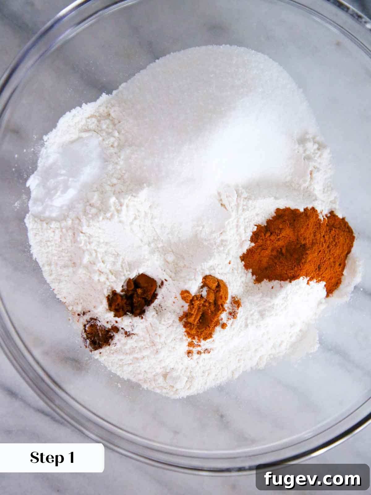 Holiday Spice Drops 5 dry ingredients in bowl, including flour, sugar, and spices.