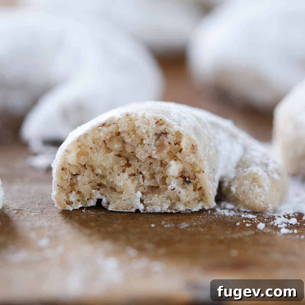Velvet Almond Crescents 5 interior texture of crescent cookie.