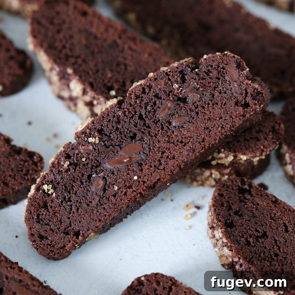 Decadent Chocolate Biscotti 4 Close-up of baked chocolate biscotti, showcasing the crunchy turbinado sugar topping and rich chocolate color.