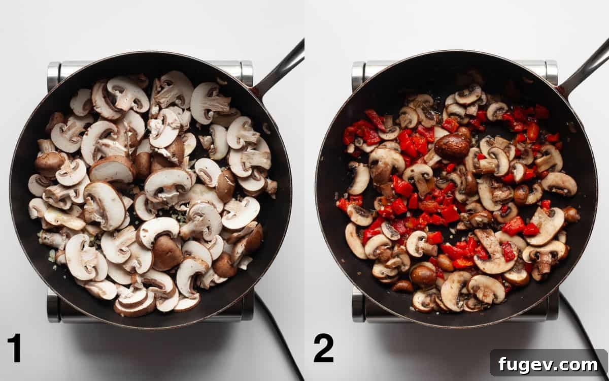 Savory Mushroom, Pepper, and Spinach Frittata 4 Two images: First shows sliced mushrooms and chopped shallots sautéing in a skillet. Second shows roasted red peppers and minced garlic added to the sautéed mushrooms, stirring together.