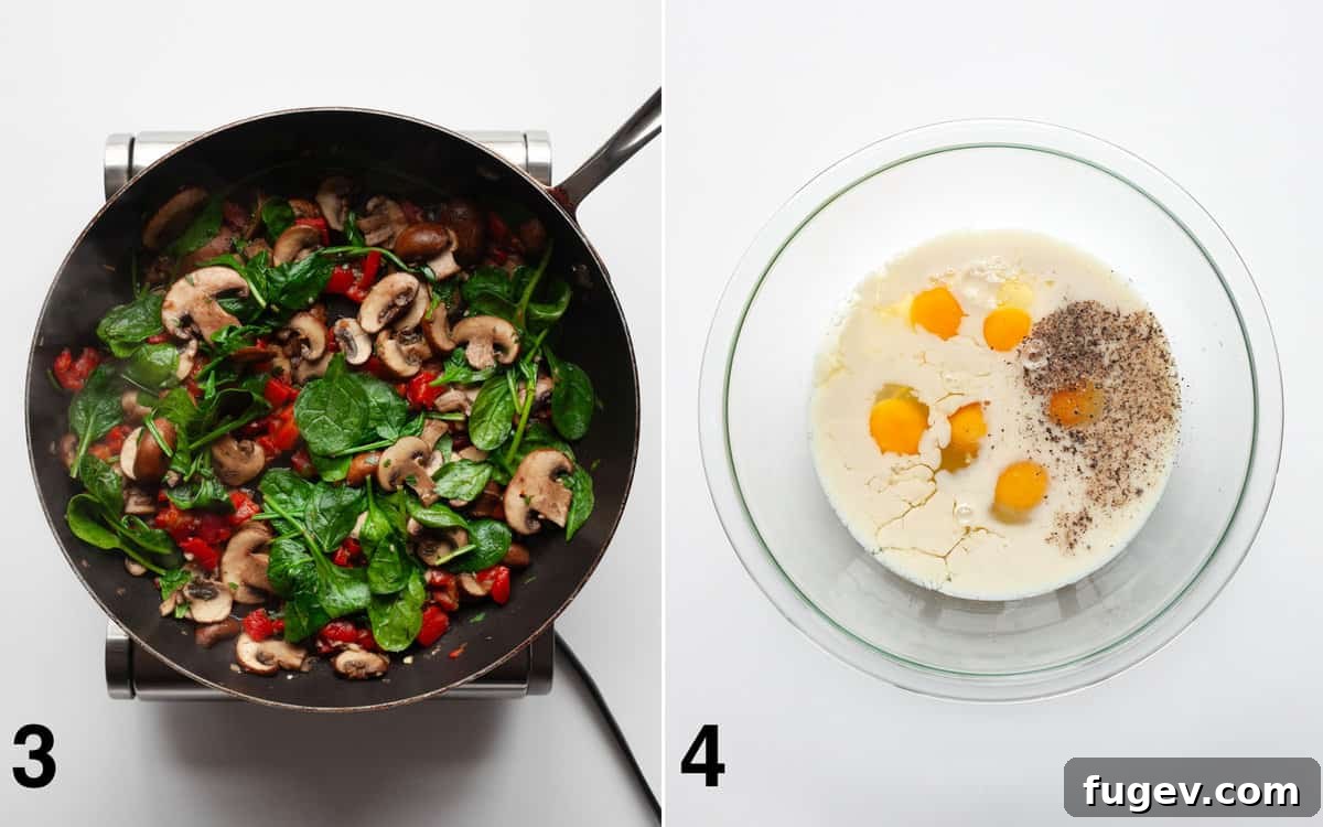 Savory Mushroom, Pepper, and Spinach Frittata 5 Two images: First shows wilted spinach and parsley stirred into the vegetable filling in a skillet. Second shows eggs, milk, salt, and pepper whisked together in a large bowl.
