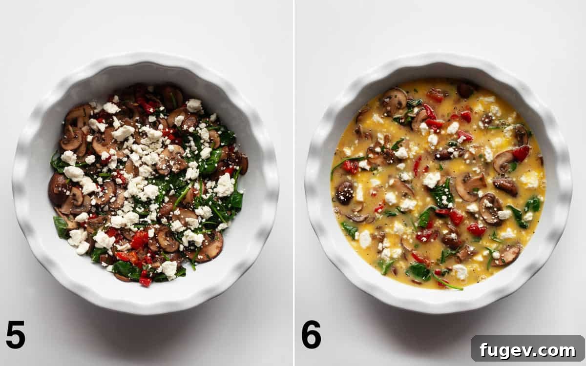 Savory Mushroom, Pepper, and Spinach Frittata 6 Two images: First shows the vegetable filling and feta layered in a pie dish. Second shows the egg mixture being poured into the pie dish, over the vegetable and cheese base.