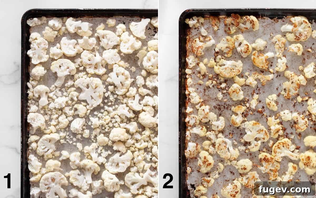 Golden Roasted Cauliflower Pasta with Spinach Pesto 4 Two images side by side: one shows raw cauliflower florets on a baking sheet, the other shows golden-brown, roasted cauliflower florets on the same pan.