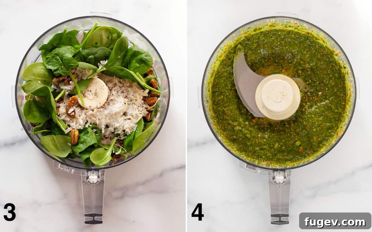 Golden Roasted Cauliflower Pasta with Spinach Pesto 5 Two images side by side: one shows raw pesto ingredients in a food processor, the other shows the smooth, pureed spinach pesto.