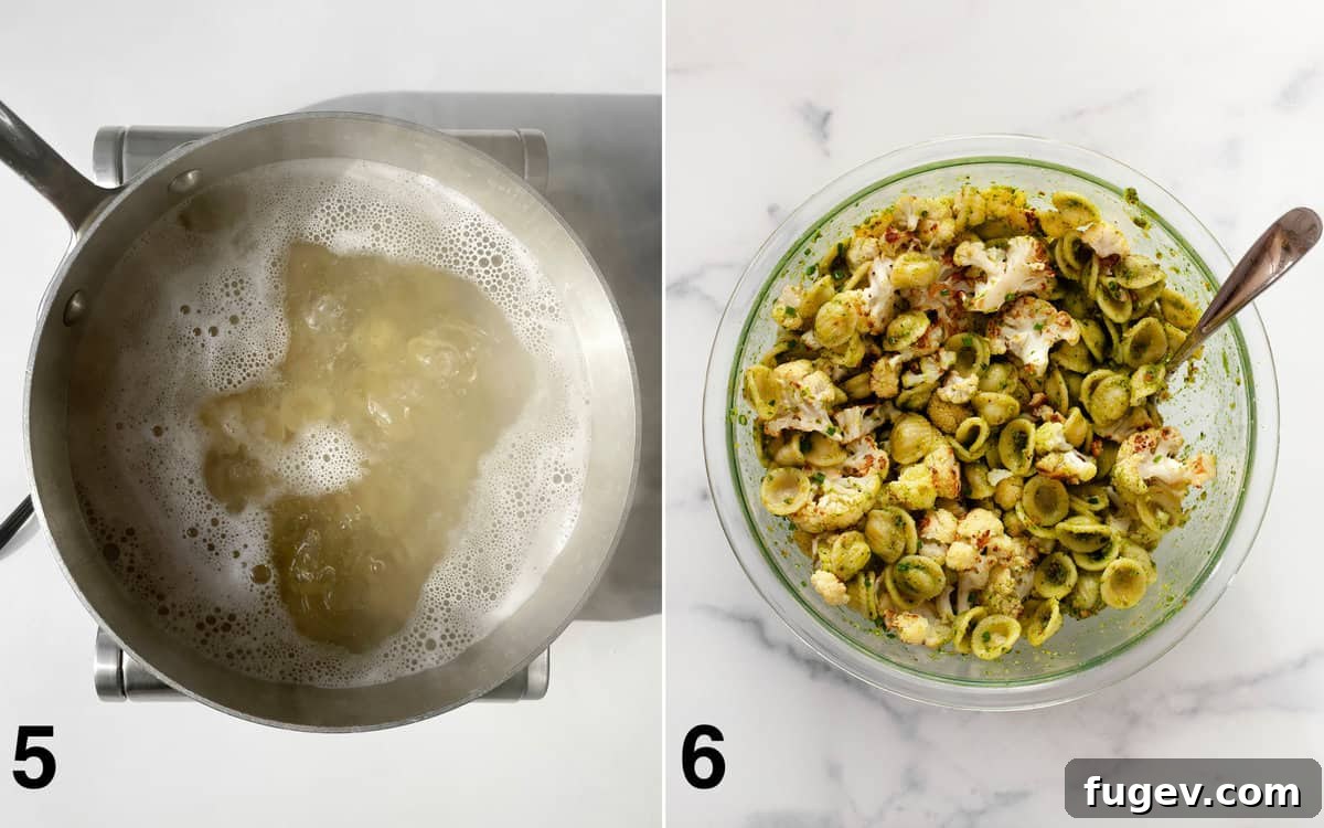Golden Roasted Cauliflower Pasta with Spinach Pesto 6 Three images showing the cooking process: pasta boiling in a pot, pesto mixed with pasta in a bowl, and roasted cauliflower added to the pasta.