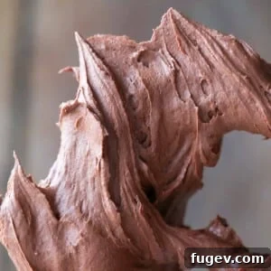 Close-up of chocolate buttercream peaks on a paddle attachment, highlighting its rich color and fluffy texture.