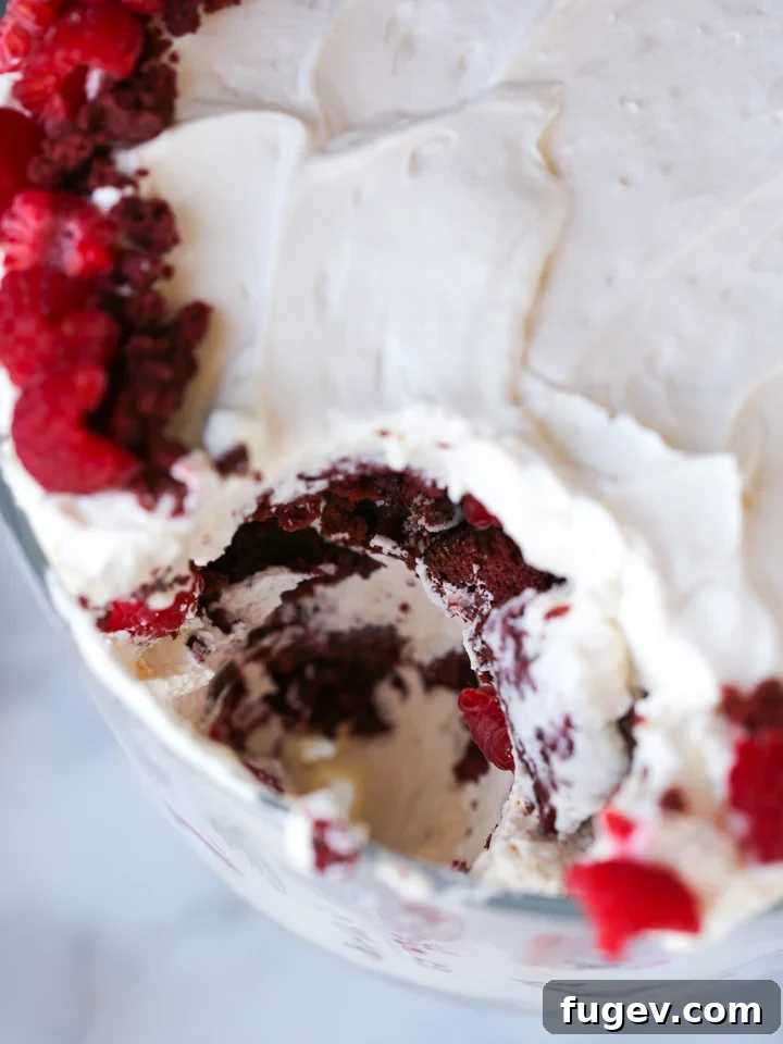 Ruby Raspberry Velvet Trifle 3 Close-up of the Red Velvet Raspberry Trifle, showcasing plump red raspberries