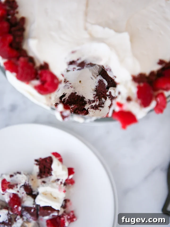 Ruby Raspberry Velvet Trifle 5 A perfectly portioned slice of Red Velvet Raspberry Trifle, clearly showing distinct layers