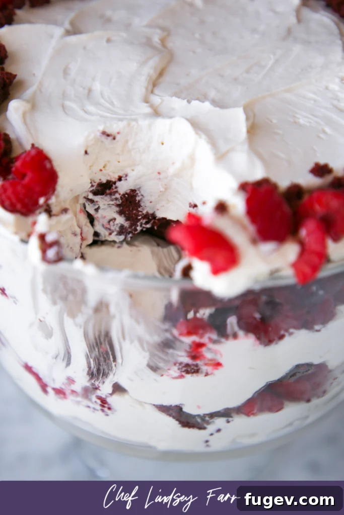 Ruby Raspberry Velvet Trifle 10 Beautifully presented Red Velvet Raspberry Trifle, ready for serving at a festive gathering
