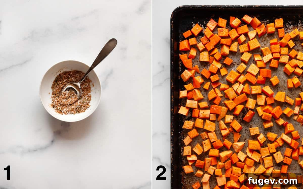 Savory Roasted Sweet Potato Black Bean Quesadillas 4 A small bowl holding the mixed spices, next to a baking sheet covered with diced sweet potatoes tossed in olive oil and spices, ready for roasting.