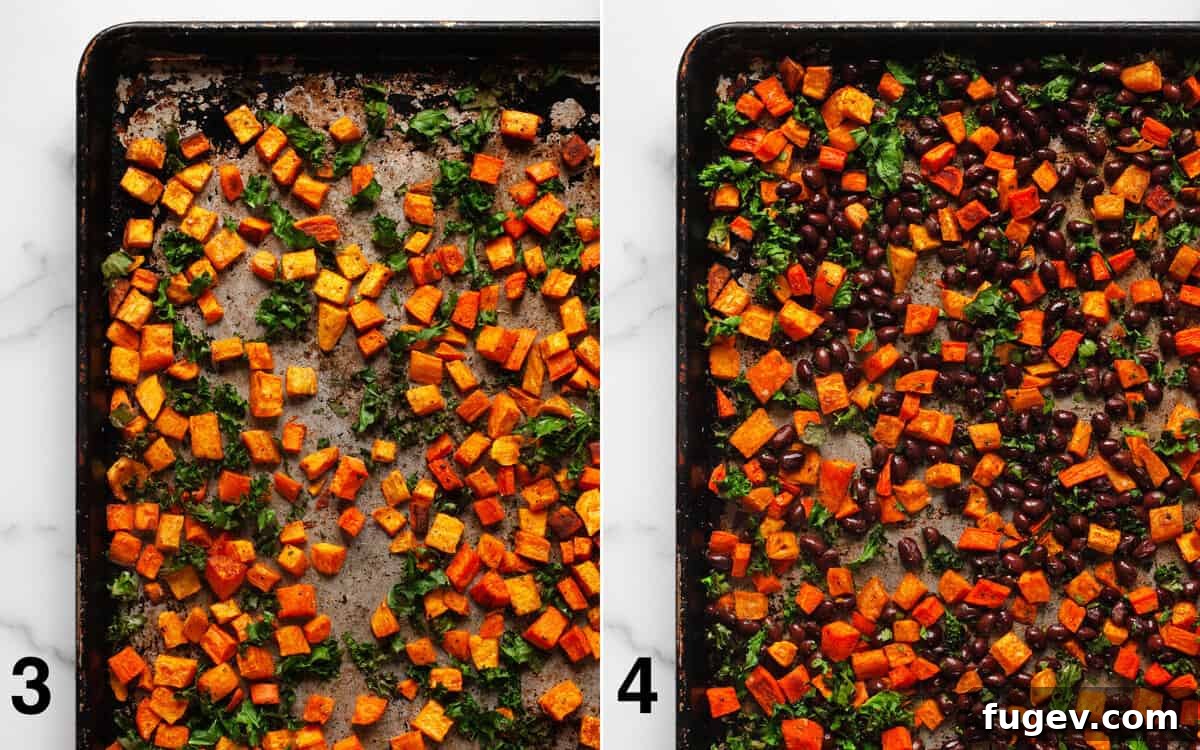 Savory Roasted Sweet Potato Black Bean Quesadillas 5 Two images: top shows roasted sweet potatoes and slightly wilted kale on a sheet pan; bottom shows black beans and fresh cilantro tossed with the roasted sweet potatoes and kale.