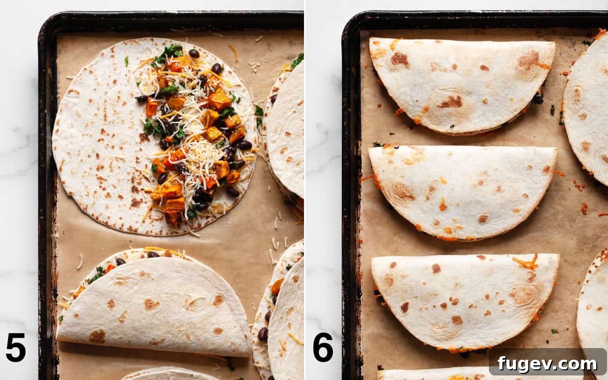 Savory Roasted Sweet Potato Black Bean Quesadillas 6 Two images side by side: left shows unbaked quesadillas neatly arranged on a parchment-lined baking sheet; right shows the same quesadillas after baking, golden brown and with melted cheese.