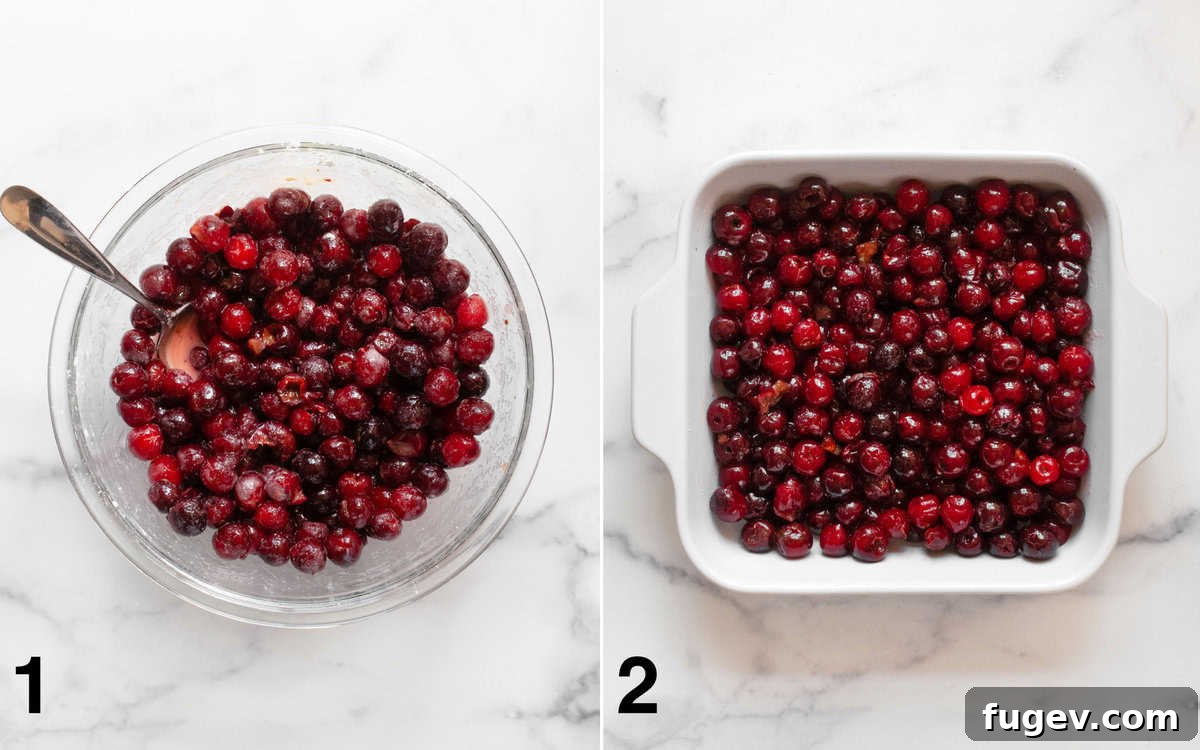 Quick Delicious Cherry Crumble 4 Two images: Cherries and filling ingredients stirred in a bowl; prepared cherries in a baking dish, ready for topping.