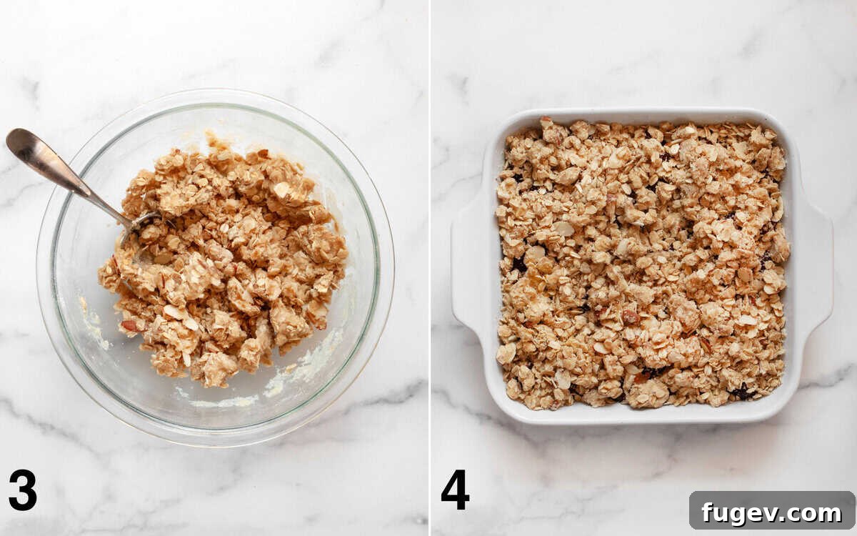Quick Delicious Cherry Crumble 5 Two images: Crumble topping mixed in a bowl, showing distinct clumps; Cherry crumble assembled in a baking dish, topped with crumble, before baking.