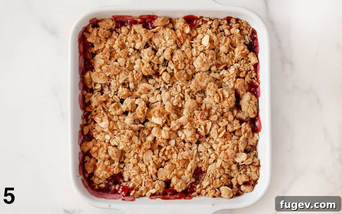 Quick Delicious Cherry Crumble 6 A freshly baked cherry crumble in a square baking dish, featuring a golden brown topping and bubbling cherry filling.