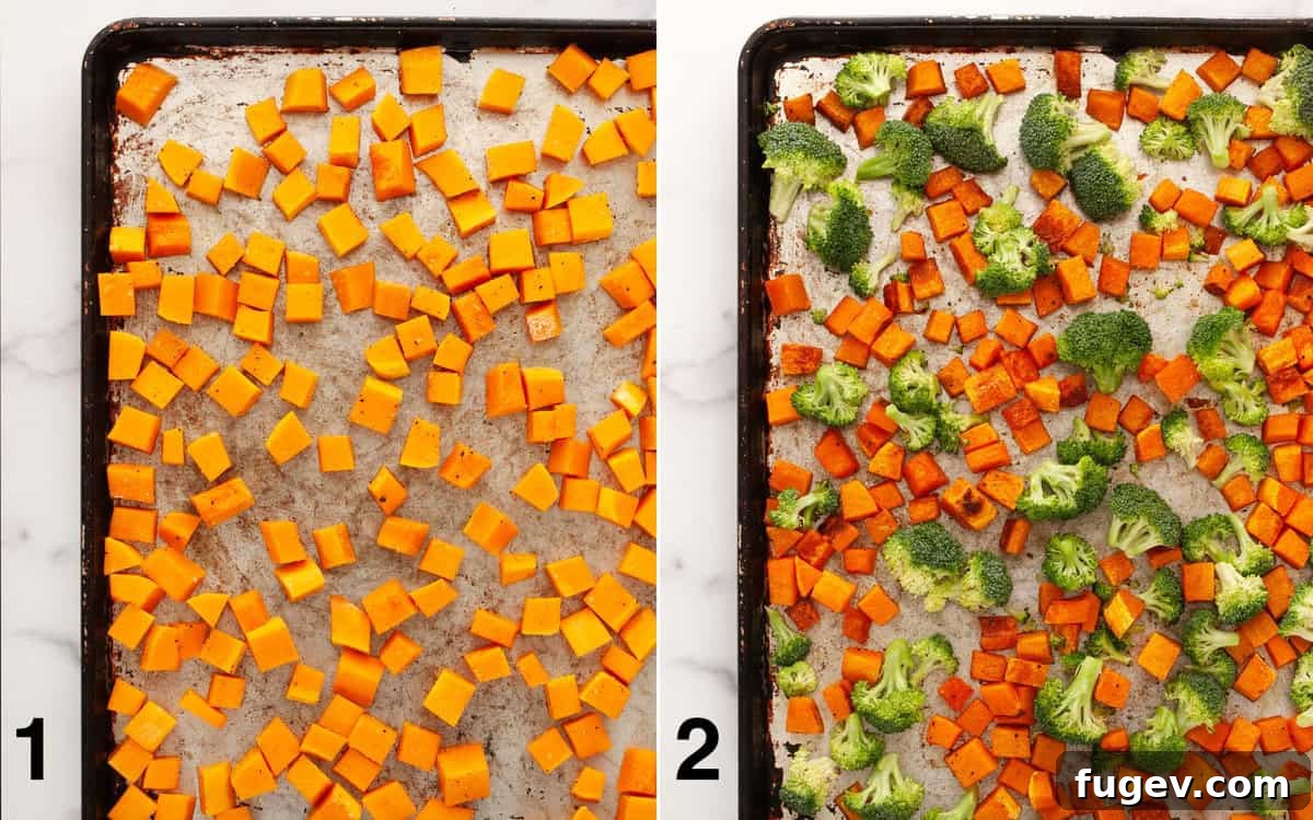 Hearty Roasted Butternut Squash and Broccoli Orzo 4 Butternut squash roasting on a sheet pan, followed by broccoli added to the same pan for combined roasting.