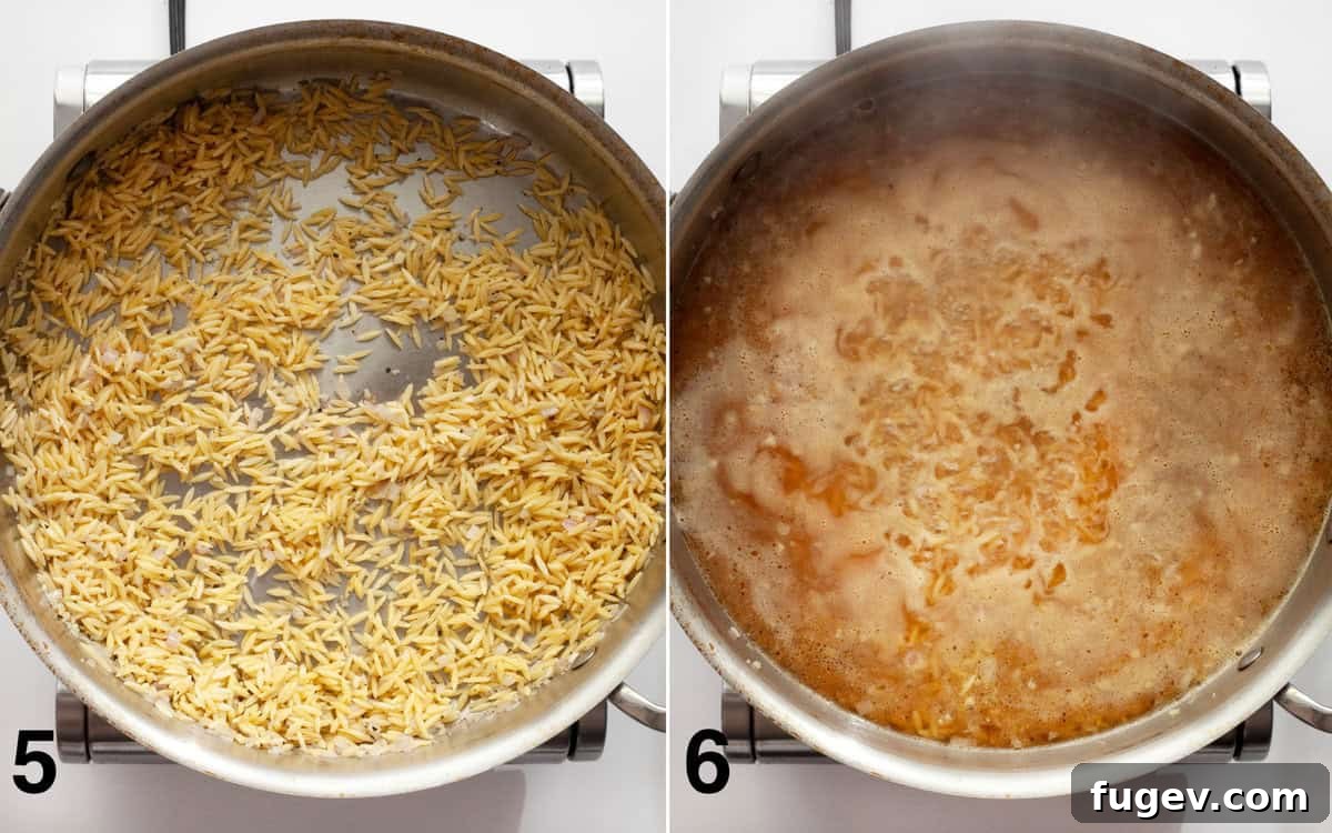 Hearty Roasted Butternut Squash and Broccoli Orzo 6 Orzo toasting in a skillet, followed by orzo simmering in vegetable broth until creamy.