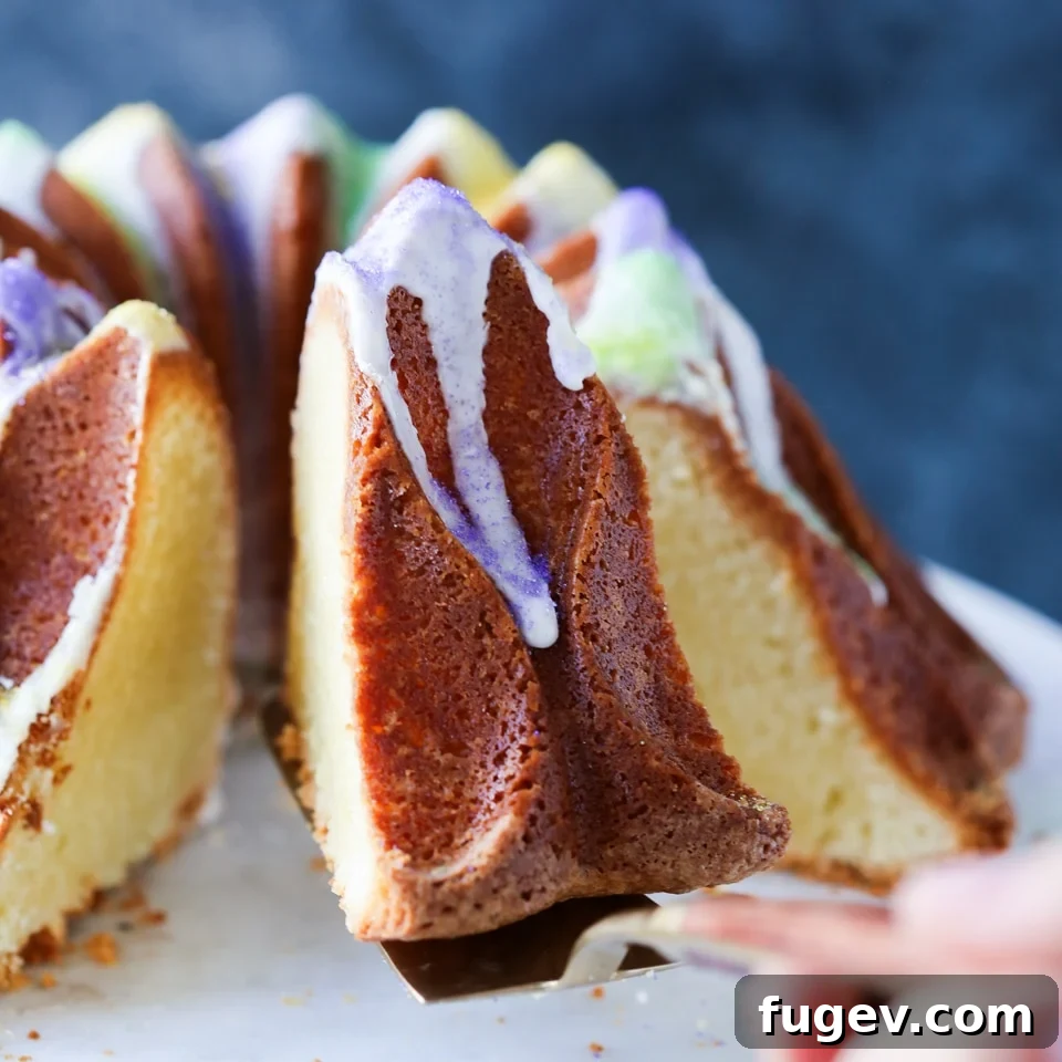 Majestic Mardi Gras Bundt 2 Exquisite Mardi Gras King Bundt Cake with purple, green, and gold sprinkles